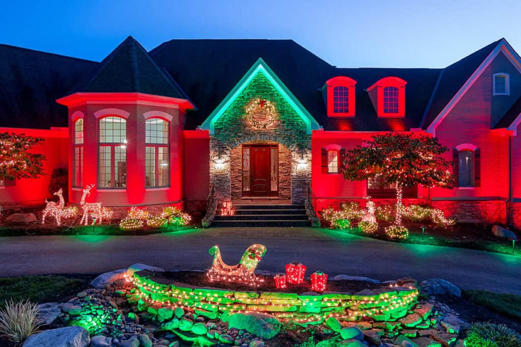 Seasonal landscape lighting adds a festive touch to any property